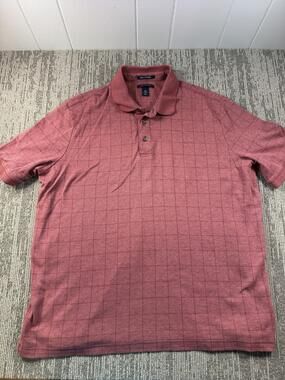 Lands' End Polo Shirt Mens XL Red Check Supima Cotton Traditional Fit Casual